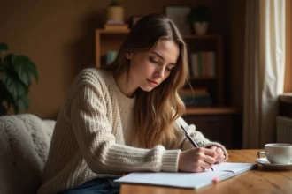 Jeune femme écrivant une lettre intime dans un intérieur chaleureux