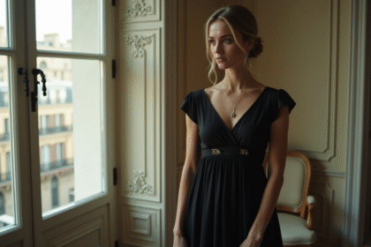 Femme élégante en robe noire près d'une fenêtre parisienne