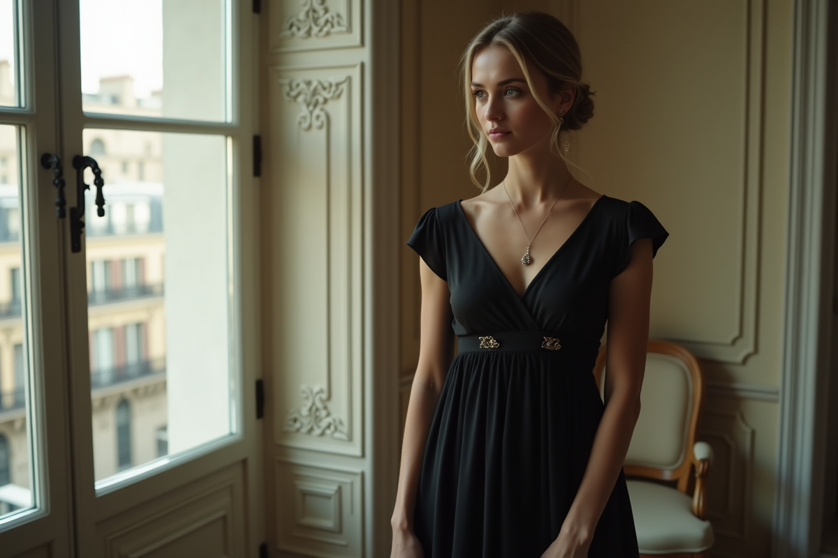 Femme élégante en robe noire près d'une fenêtre parisienne
