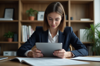 Jeune femme professionnelle examinant un rapport ESG sur tablette