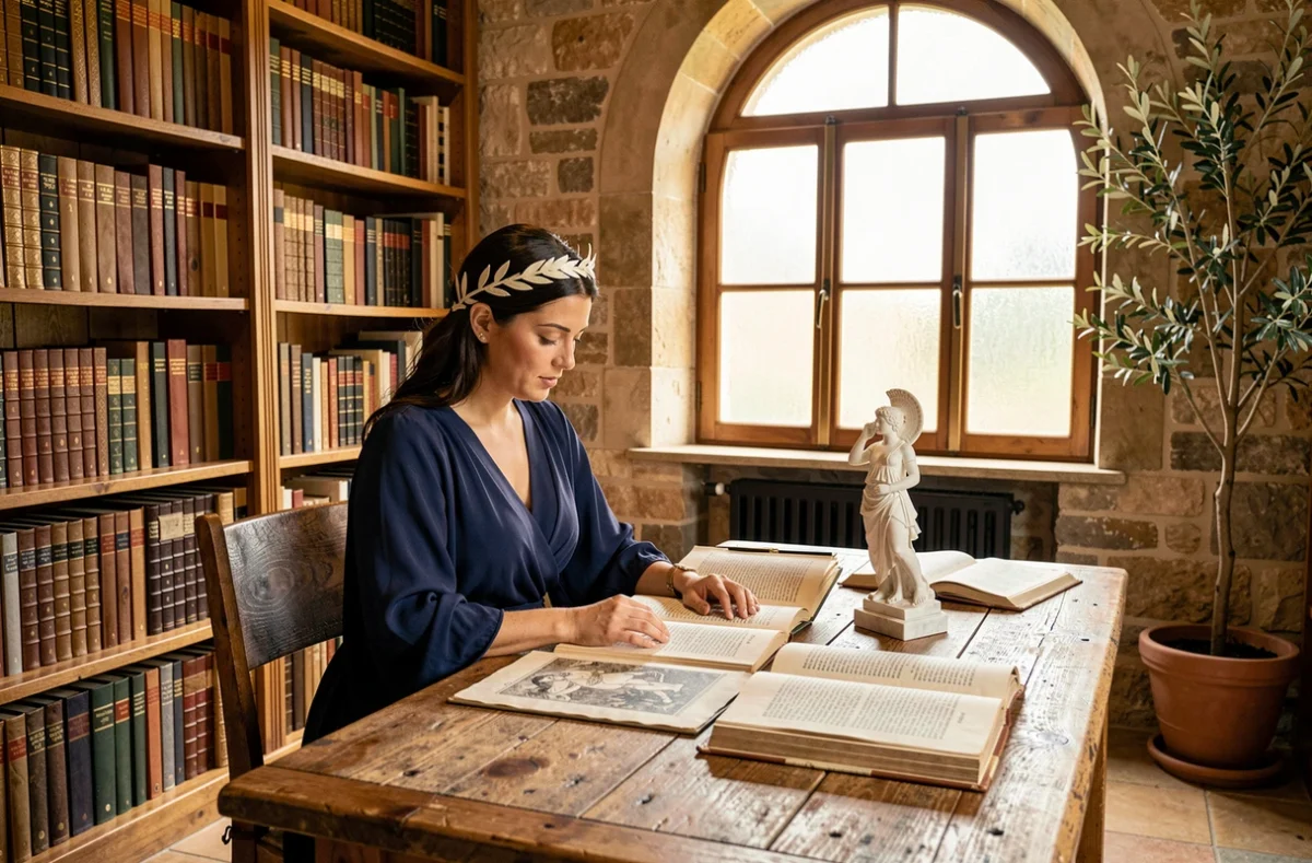Femme en robe drapée bleue étudiant des manuscrits anciens sur Athéna dans une bibliothèque historique avec statuette en marbre