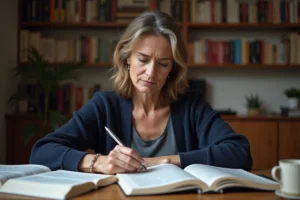 Femme studiant l'orthographe française avec des livres de grammaire ouverts sur un bureau en bois