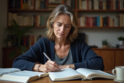 Femme studiant l'orthographe française avec des livres de grammaire ouverts sur un bureau en bois