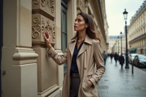 Femme élégante admirant la façade historique du 2 rue Vivienne à Paris lors d'un week-end culturel