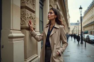 Femme élégante admirant la façade historique du 2 rue Vivienne à Paris lors d'un week-end culturel