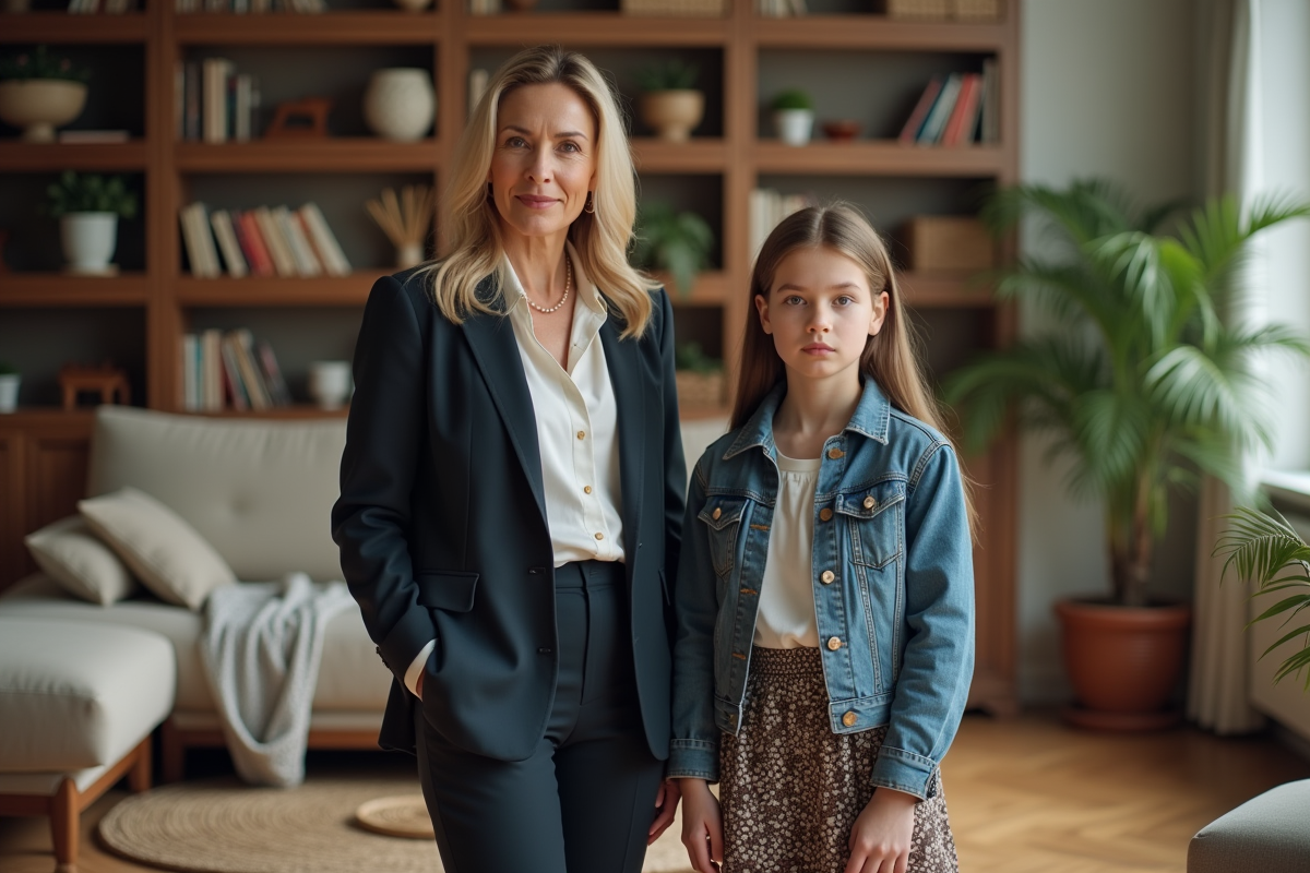 Femme et adolescente en style distinct dans un salon chaleureux