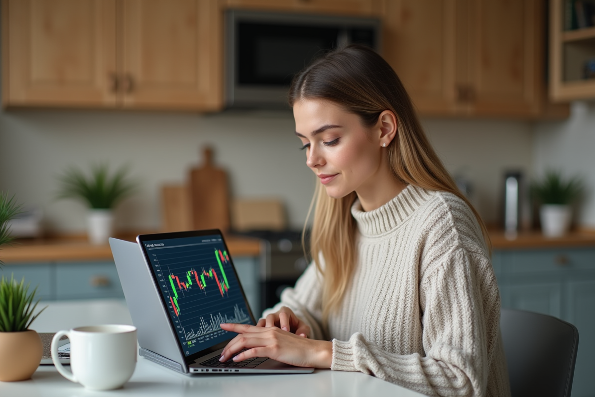 Jeune femme avec tablette de finances dans une cuisine moderne