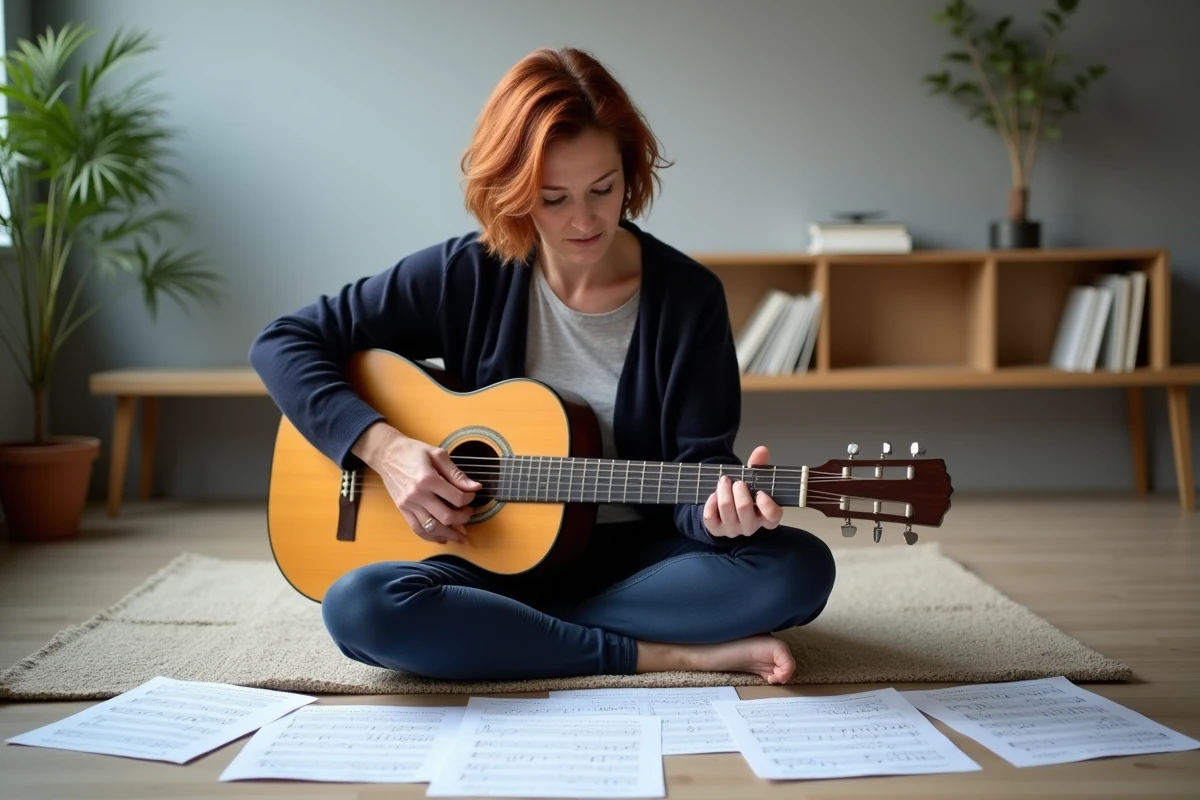 Femme guitariste étudiant des tablatures imprimées de Mistral Gagnant assise sur le sol de son salon