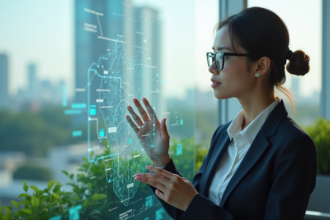 Jeune femme en business interactant avec hologramme cite