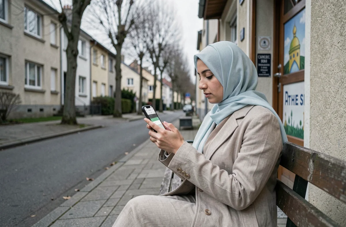 Jeune femme voilée consultant les horaires de prière sur smartphone devant une salle de prière à Athis-Mons
