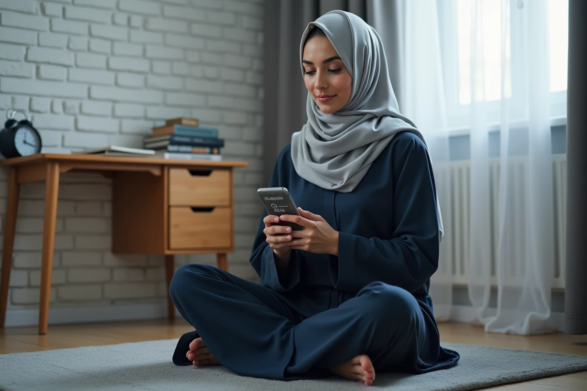Femme musulmane consultant les horaires de prière sur smartphone à Douai