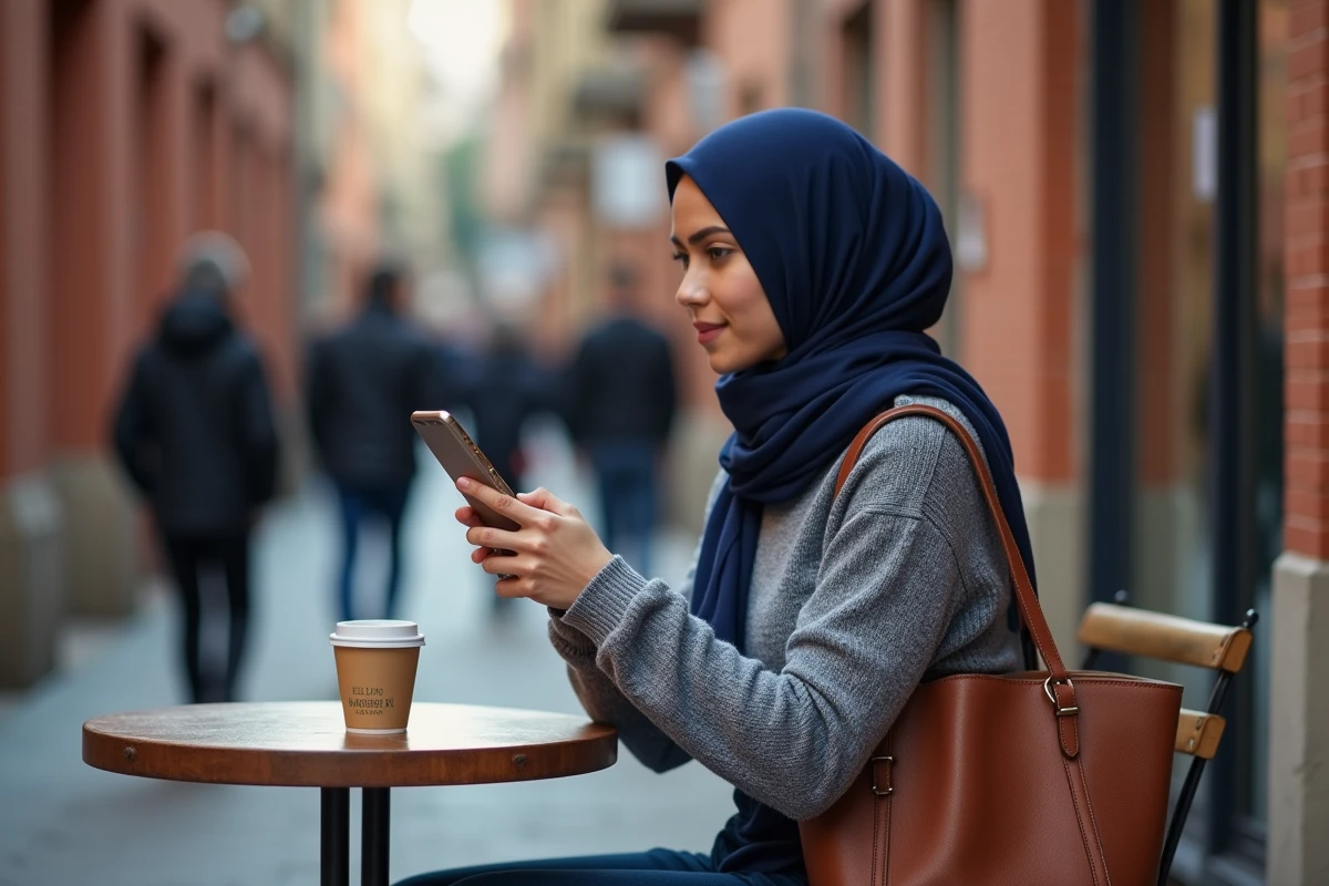 Jeune femme musulmane consultant les horaires de prière sur son smartphone dans un café de Toulouse