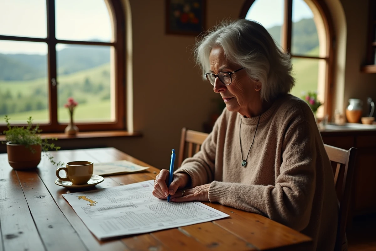 Femme italienne résolvant des mots fléchés sur les villes d'Italie dans une maison de campagne toscane