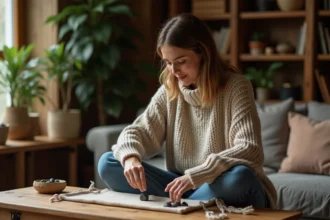 Femme contemplant des runes en intérieur chaleureux