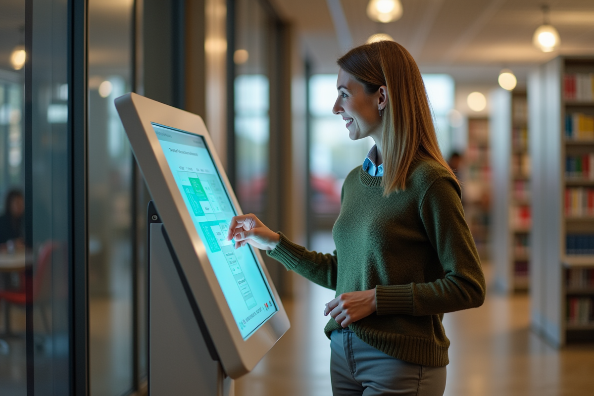 Femme souriante utilisant un kiosque interactif dans une bibliothèque moderne