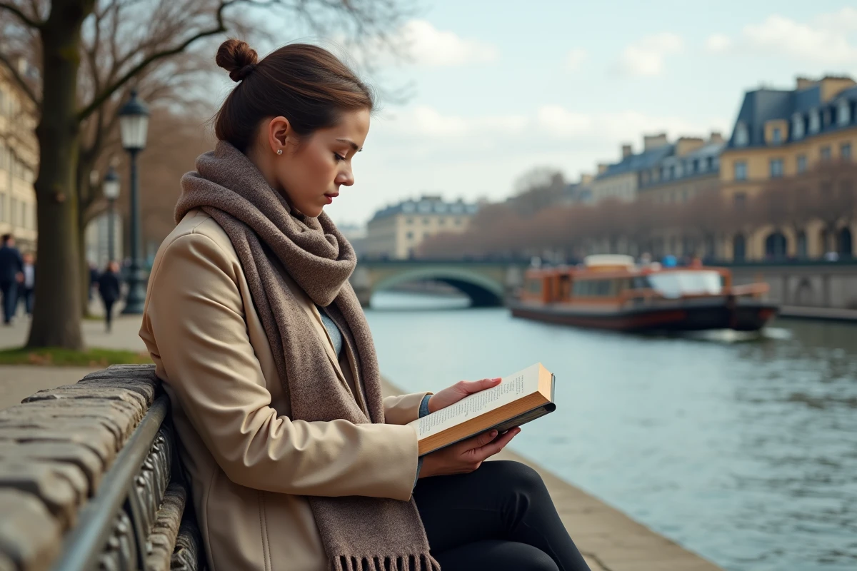Jeune femme lisant un livre historique sur un banc à Paris