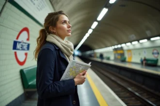 Femme en trench et écharpe dans le métro parisien