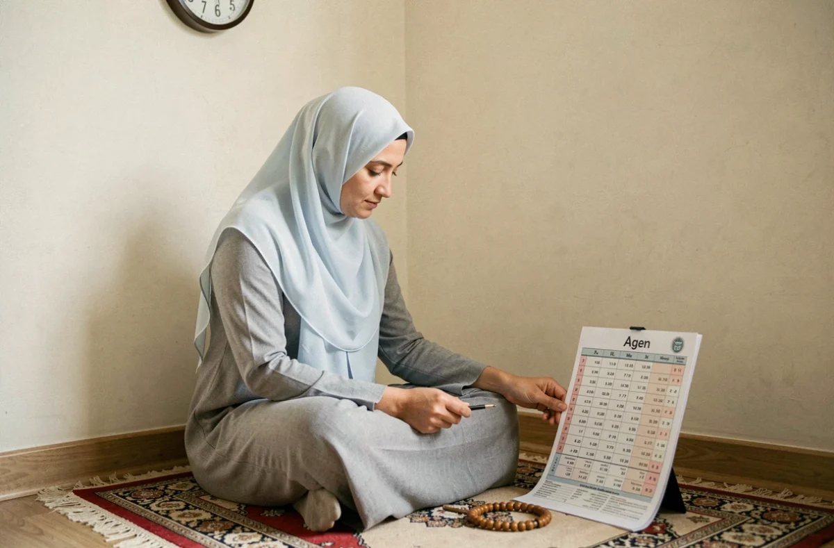 Femme musulmane consultant un tableau des heures de prière à Agen