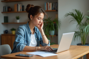 Femme concentrée utilisant un ordinateur pour simulation de crédit