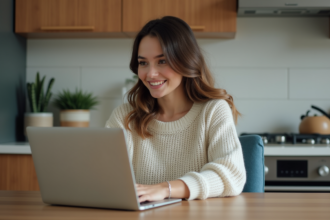 Jeune femme souriante utilisant un ordinateur portable à la maison