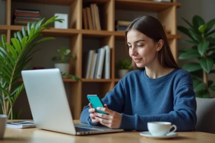 Jeune femme utilisant son smartphone pour résoudre un puzzle sur son ordinateur