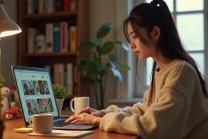 Jeune femme organisant sa liste d'animés sur un ordinateur portable dans un bureau chaleureux entouré de figurines et de mangas