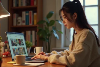 Jeune femme organisant sa liste d'animés sur un ordinateur portable dans un bureau chaleureux entouré de figurines et de mangas