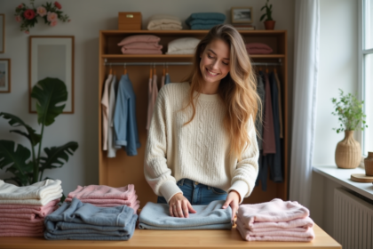 Jeune femme souriante plie des vêtements colorés dans un intérieur lumineux