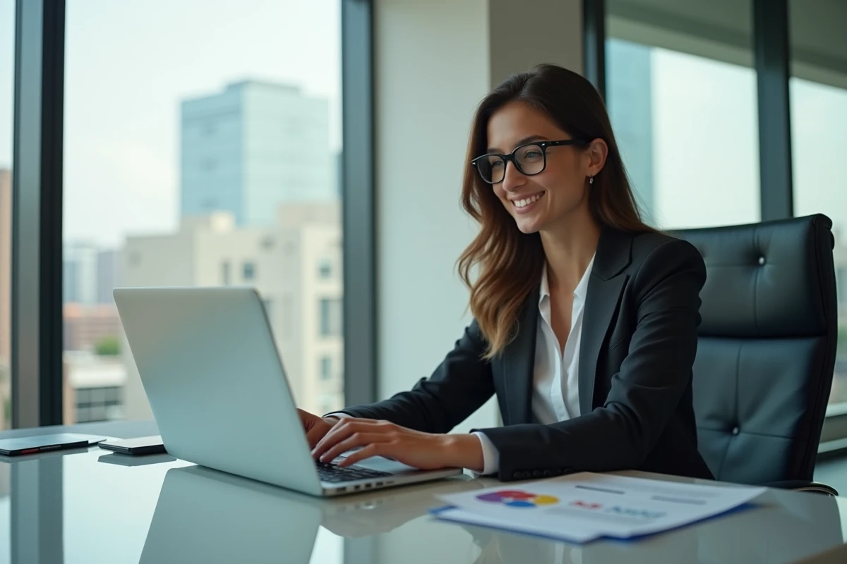 Jeune femme en blazer utilisant son ordinateur dans un bureau lumineux