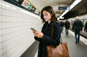 Femme consultant son téléphone sur un quai de métro RATP à Paris pour gérer un retard