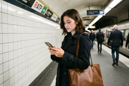 Femme consultant son téléphone sur un quai de métro RATP à Paris pour gérer un retard