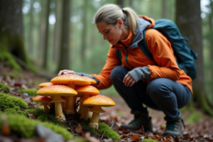 Femme en randonnée observant des champignons orange dans la forêt