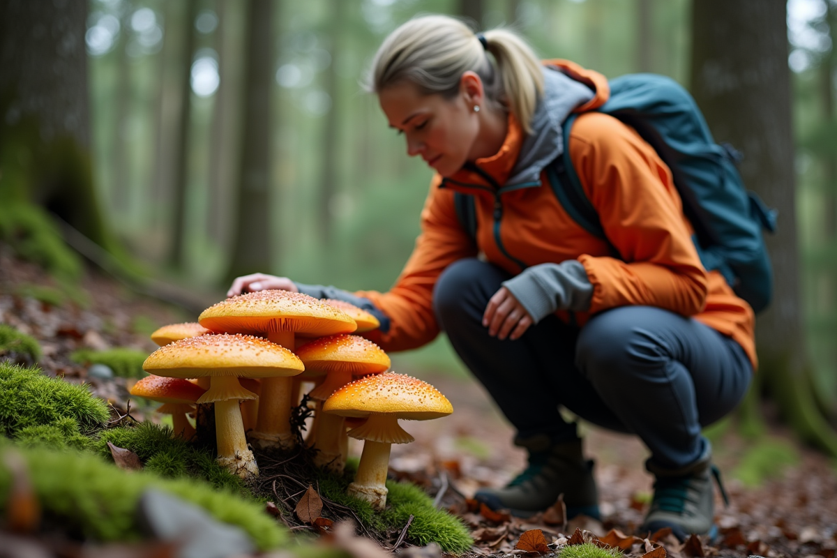 Femme en randonnée observant des champignons orange dans la forêt