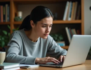 Femme cherchant un site introuvable sur son ordinateur portable avec un message d'erreur 404 affiché à l'écran