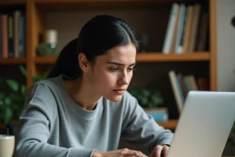 Femme cherchant un site introuvable sur son ordinateur portable avec un message d'erreur 404 affiché à l'écran