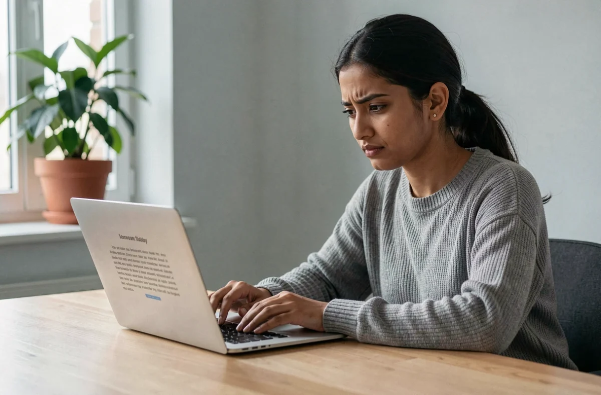 Jeune femme réfléchissant devant un article sur écran d'ordinateur portable, symbolisant la réflexion critique sur la différence entre moquerie et satire