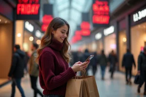 Femme faisant ses achats du Black Friday dans un centre commercial français avec des sacs de shopping et son smartphone