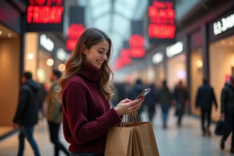 Femme faisant ses achats du Black Friday dans un centre commercial français avec des sacs de shopping et son smartphone