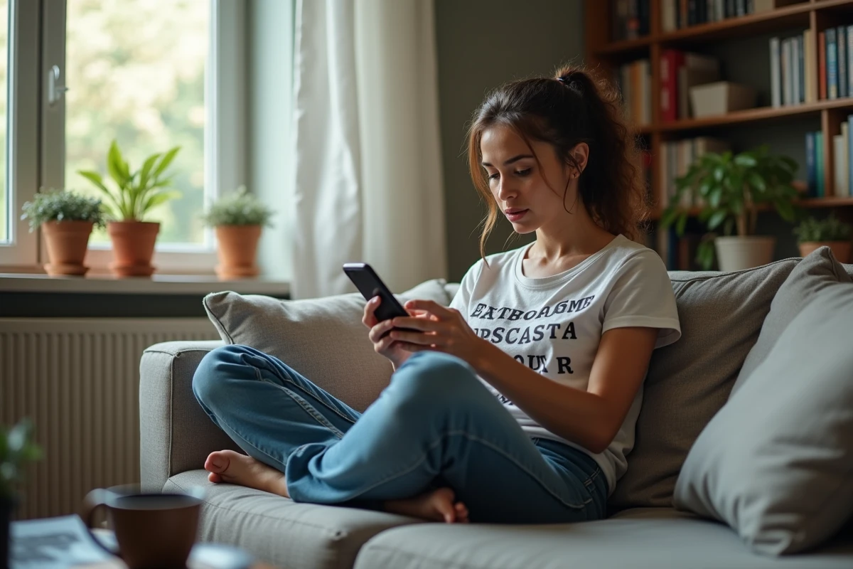 Femme lisant des rumeurs sur la date de sortie de GTA 6 sur son smartphone dans son salon