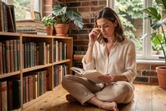 Femme consultant un thésaurus et un dictionnaire pour trouver le bon synonyme de mantra dans une bibliothèque personnelle chaleureuse