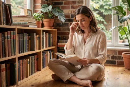 Femme consultant un thésaurus et un dictionnaire pour trouver le bon synonyme de mantra dans une bibliothèque personnelle chaleureuse