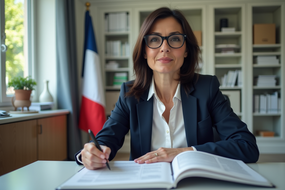 Femme française en bureau avec documents d