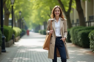 Femme en trench beige et sac écologique dans la ville