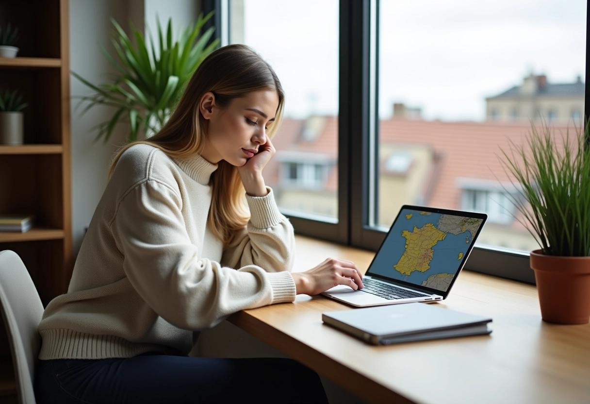 Jeune femme lisant une carte sur une tablette dans un appartement moderne
