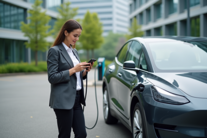 Jeune femme d'affaires près d'une voiture électrique en ville