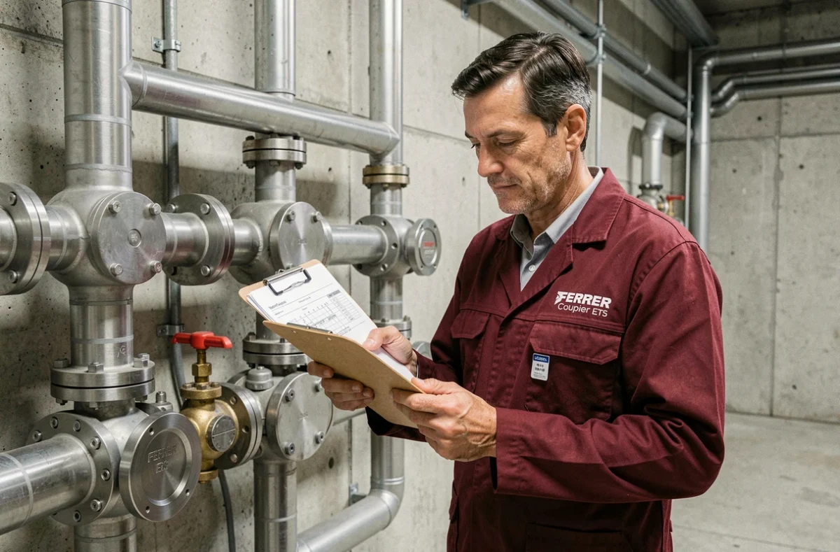 Technicien Ferrer Coupier ETS inspectant une installation de plomberie industrielle dans un bâtiment commercial des Pyrénées-Orientales