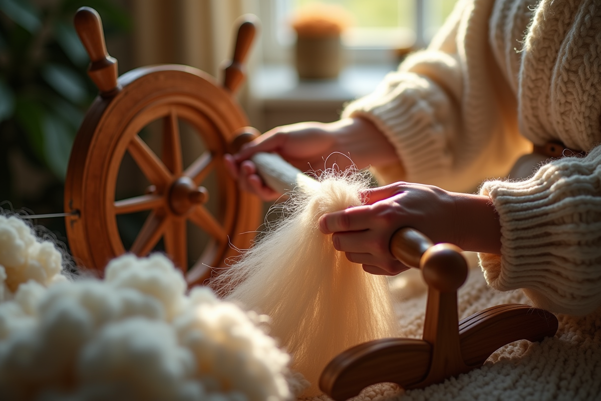 Mains filant des fibres de soie naturelle sur un rouet en bois