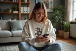 Jeune femme jouant au jeu Snake sur smartphone dans un salon cosy