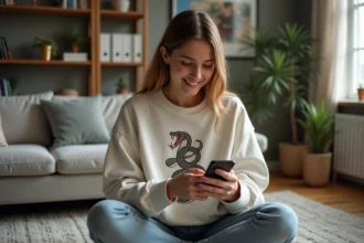 Jeune femme jouant au jeu Snake sur smartphone dans un salon cosy