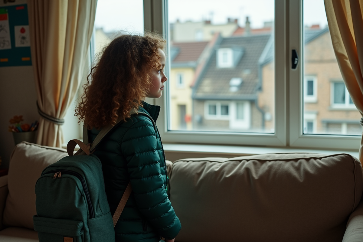Fille regardant par la fenêtre dans un salon